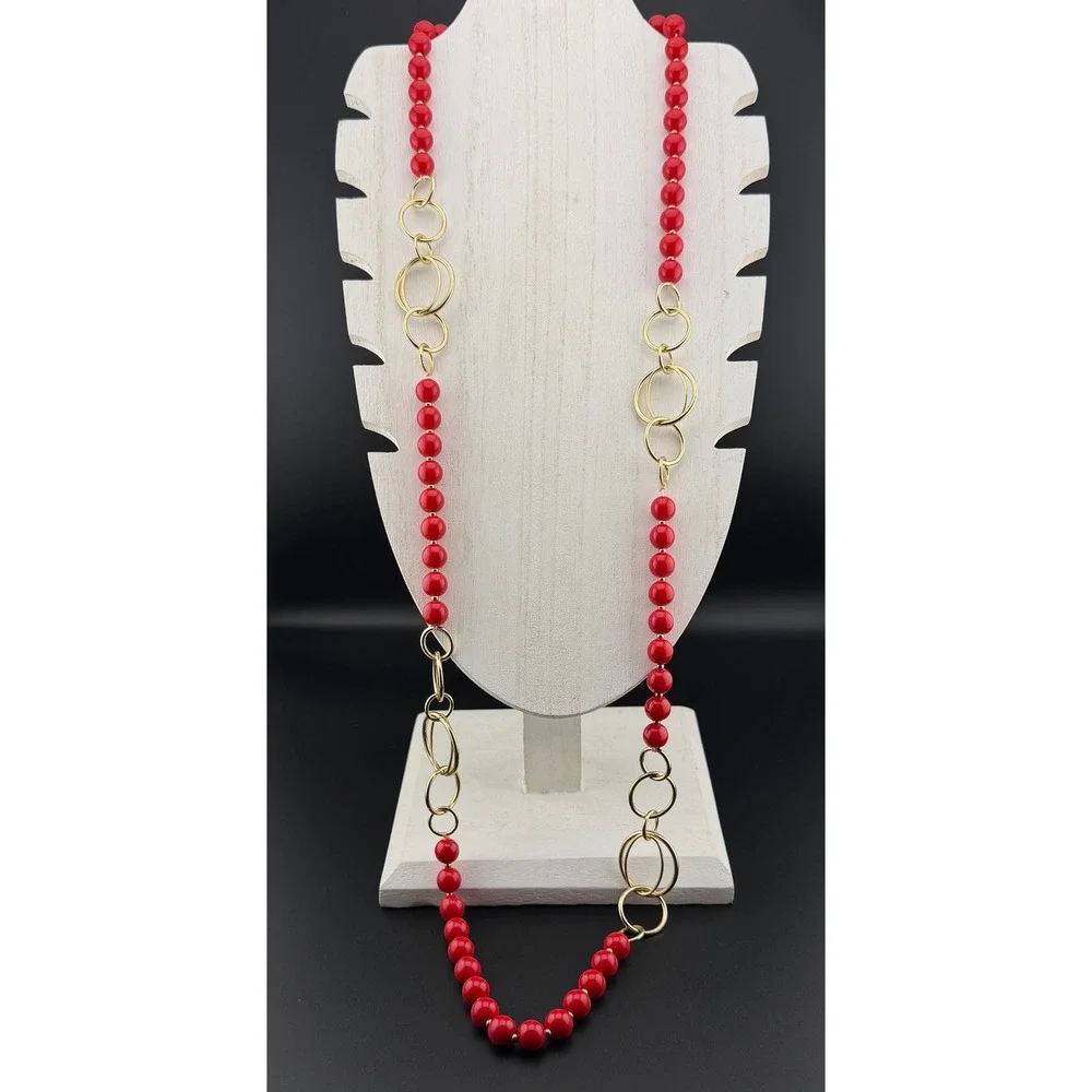 Zenzii Necklace Red Gold Beaded Long Statement Hoop‎ Accents Toggle Lightweight